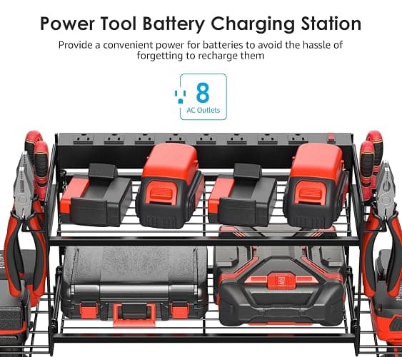 CCCEI Garage Tools Storage with Charging Station. Power Tool Battery Organizer Utility Shelf with Power Strip. 4 Drills Holder Wall Mount Rack, Black. thumbnail 3
