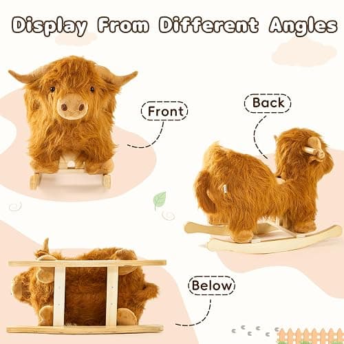 Baby Rocking Horse,Highlander Cattle Wooden Rocking Horse for Toddlers 1 Year Old Cute Cow Stuffed Plush Ride-on Toy Rocking Animal for Baby Boys and Girls Nursery/Child Christmas or Birthday Gift thumbnail 5