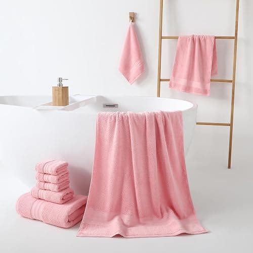 REDKISS Pink Towel Set of 8-100% Cotton Luxury Bath Towels Set for Bathroom, 600 GSM Highly Absorbent Bathroom Towel with 2 Large Bath Sheet, 2 Hand, 4 Washcloths, Pink Shower Towels for Dorm thumbnail 4
