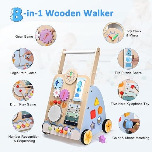 Pikasser Chariot de Marche Bebe, 8-en-1 Trotteur Bébé en Bois, Trotteur et Jouet éducatif pour les tout-petits de 3 mois à 2 ans, Cadeau pour Garçons et Filles thumbnail 4