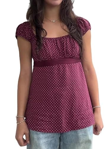 Sunloudy Women Fairy Coquette Babydoll Shirt Y2k Cap Sleeve Polka Dot Grunge Flowy Preppy Tees Vintage Aesthetic Clothes - Image 1