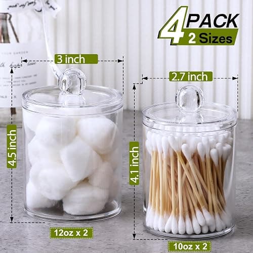 4 Pack Acrylic Qtip Holder Dispenser for Cotton Swabs, Balls, Pads, Floss Picks- Small Clear Acrylic Canister Apothecary Jar Set, Bathroom Essentials Accessories Decor, Vanity Makeup Storage Organizer thumbnail 3