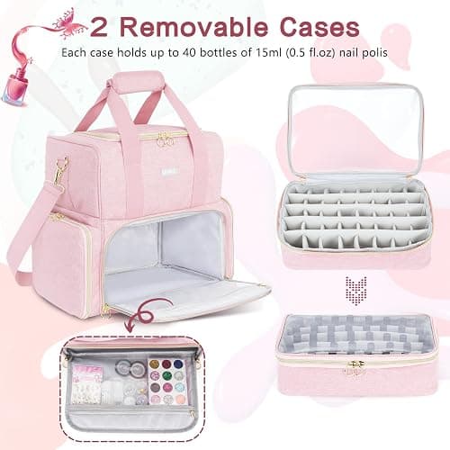Nail Polish Organizer Holds 80 Bottles and a Nail Lamp,Nail Polish Carrying Case with 2 Removable Bags,Nail Organizers and Storage for Nail Tech,Portable Nail Polish Holder for Nail Supplies,Pink thumbnail 5