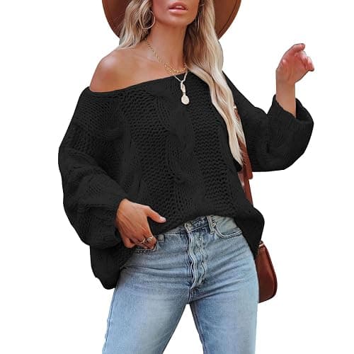 Women's Oversized Knit Crewneck Off Shoulder Long Sleeve Loose Solid Color Pullover Sweater Top - Image 1