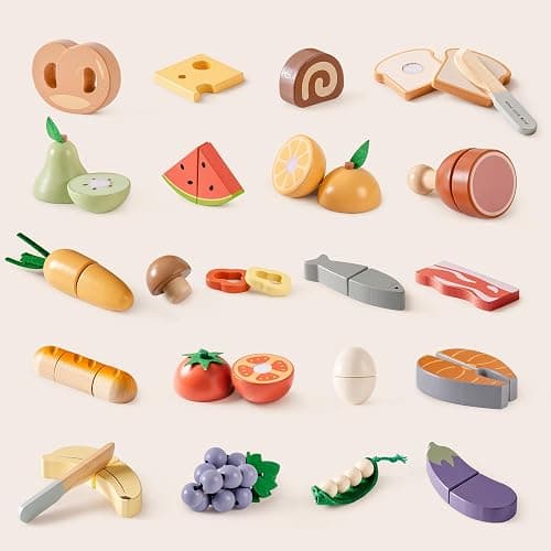 ROBUD Wooden Toy Food Set, Cutting Toy Food for Pretend Play Kitchen Accessories Toyfood Playset with Storage Bag, Toys Gifts for 3+ Year Old Girls Boys thumbnail 4
