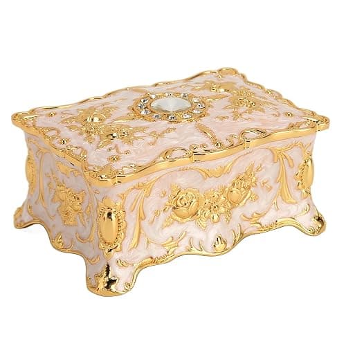 Vintage Metal Jewelry Box Small Trinket Jewelry Storage Box, Vintage Rectangle Trinket Jewelry Box Treasure Chest Box Jewelry Decorative Box Women Girls (Gold White) - Image 1