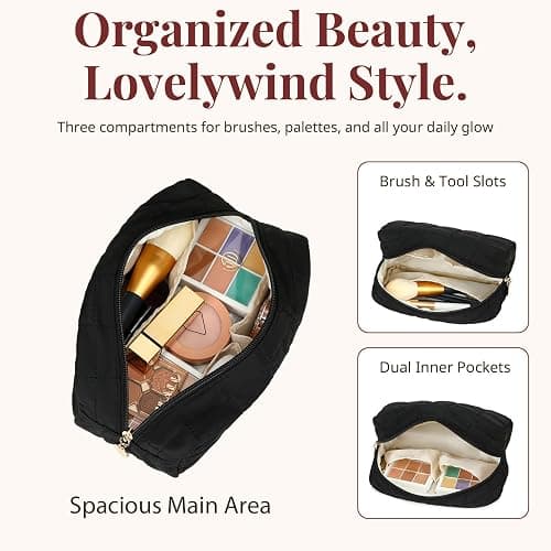 Makeup Bag, Quilted Puffy Travel Toiletry Bag with Compartments, Wide-Open Cosmetic Bag for Women, Pouch Purse Organizer, Black thumbnail 4
