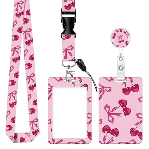 ID Badge Holder with Lanyard,Fashionable Retractable Badge Holders Reels with Lanyards Adjustable, for Women Kids Teacher Nurses Doctor Student(Cute cherries with bows) - Image 1
