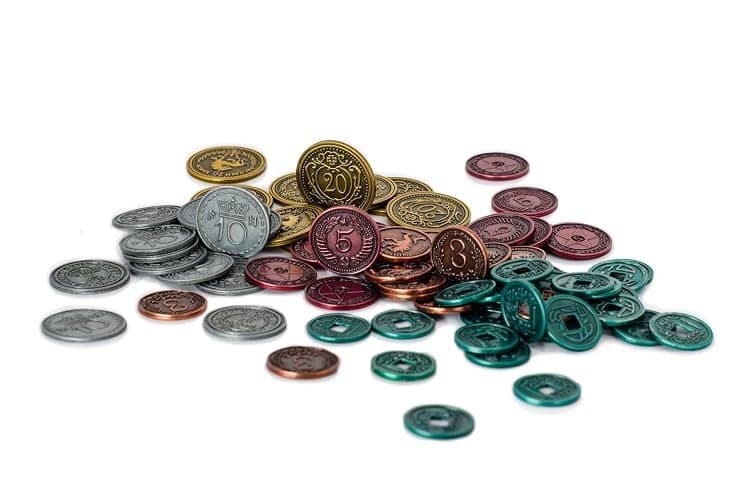 Stonemaier Games: Metal Coins (Scythe and Expeditions) | Metal Coins to Enhance Your Gameplay | 80 Coins with Unique Colors and Sides for Each Denomination - Values Include 1, 3, 5,10, and 20 - Image 1