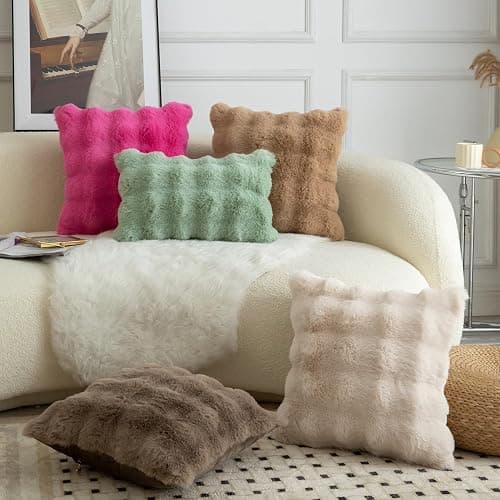 Mandioo Pack of 2 Thick Plush Wool Decorative Throw Pillow Covers Super Soft Wave Bubble Fur Velvet Cushion Covers Pillow Shams for Couch Bed Living Room 12x20 Inch Beige thumbnail 7