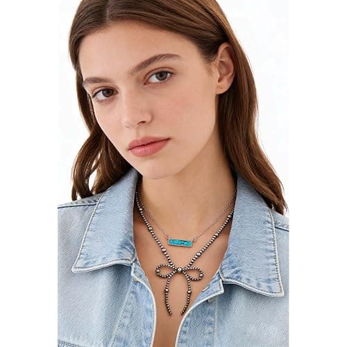 Navajo Pearl Necklace Western Jewelry for Women Turquoise Heart Bar Pendant Necklace Layered Boho Beaded Choker Necklace for Women thumbnail 3