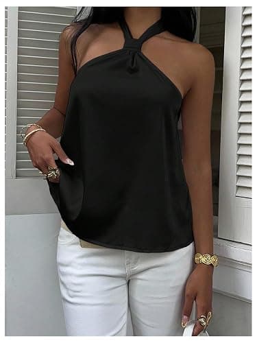 SOLY HUX Women's Summer Halter Tops Silk Satin Tie Backless Sleeveless Going Out Top thumbnail 5