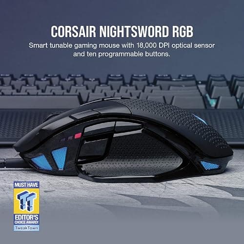 Corsair NIGHTSWORD RGB Gaming Mouse for FPS, MOBA - 18,000 DPI - 10 Programmable Buttons - Weight System - iCUE Compatible - Black thumbnail 2