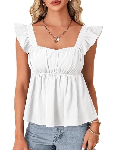 Rooscier Women's Square Neck Ruffle Cap Sleeve Ruched Peplum Babydoll Blouse Tank Tops thumbnail 2