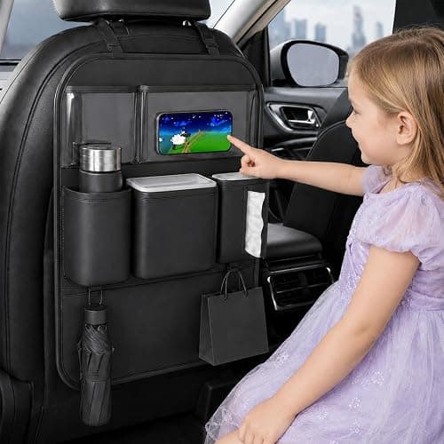 Leather Car Seat Back Organizer, Backseat Kick Mat Protector with Clear Touchscreen Tablet Holder, Cup Holder, Tissue Holder and Storage Pockets, Fits Cars SUVs Minivans, Black thumbnail 2