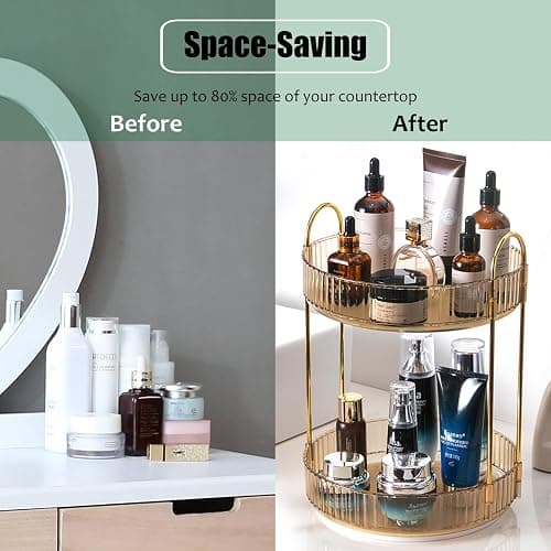 Zufudo Rotating Makeup Organizer Countertop 2 Tier Lazy Susan Trays Clear Skincare Perfume Storage for Bathroom Counter Vanity, Amber Gold thumbnail 5