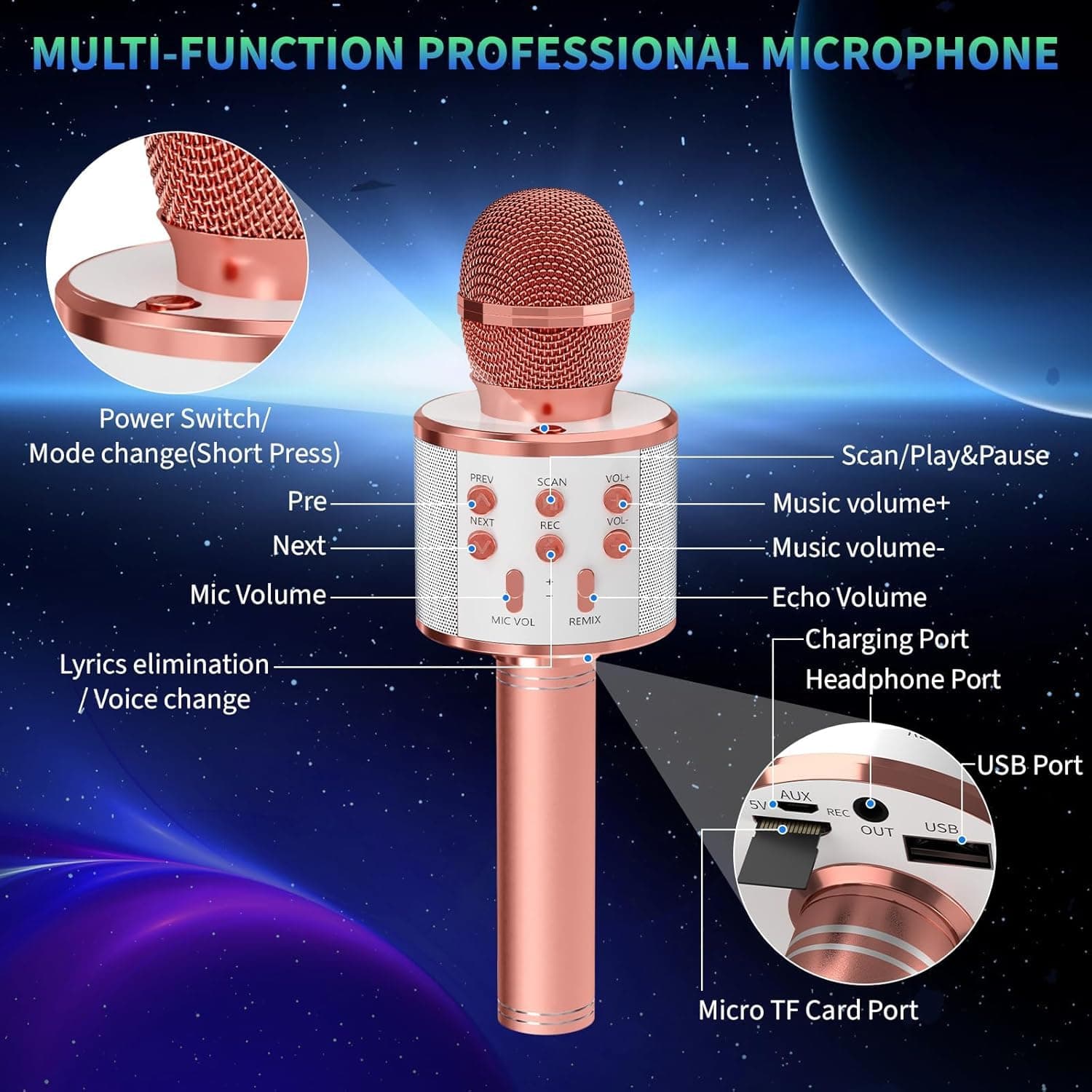 Wireless Bluetooth Karaoke Microphone for Kids, 5-in-1 Portable Handheld Karaoke Mic Speaker Player Recorder with Adjustable Remix FM Radio for Kids Girls Boys (with 32G TF Card,Rose Gold) thumbnail 7