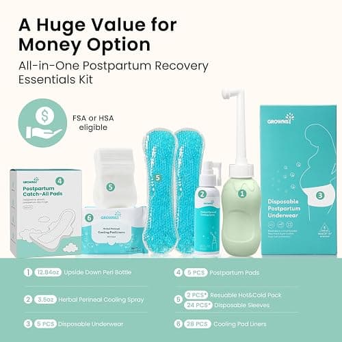 GROWNSY 15pc Postpartum Essentials Recovery Kit for Women, Green | Includes 5 Postpartum Pads, 5 Disposable Underwear, 2 Ice Packs, Peri Bottle, Perineal Spray & 28 Cooling Pad Liners thumbnail 2
