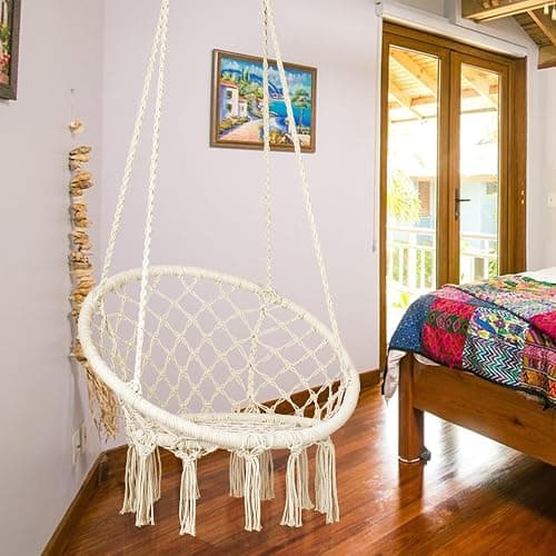 Macrame Hammock Chair Swing with Hardware Kits, Handmade Knitted Hanging Chair for Bedroom,Indoor,Outdoor, Balcony, Yard, Porch- 265 Pound Capacity -29.53" L x 29.53" W x 45.28" H thumbnail 7