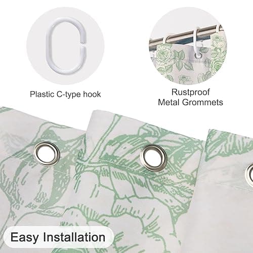 NAEMBCU Floral Scalloped Shower Curtain with 12 Hooks 71x74Inches - Green Flower Rose Pattern, Waterproof Fabric Bath Curtain for Modern, Farmhouse and Elegant Bathrooms Decor thumbnail 3