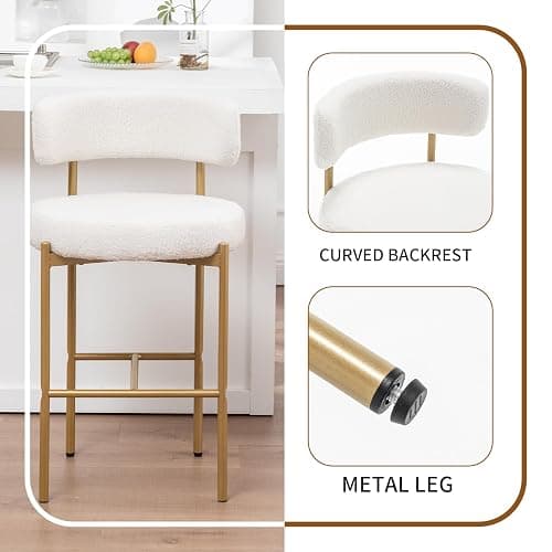 Canxkun Gold Boucle Bar Stools Set of 3, 26" Modern Counter Stools with Backs, White Upholstered Barstools for Kitchen Island, Pub, Cafe thumbnail 4