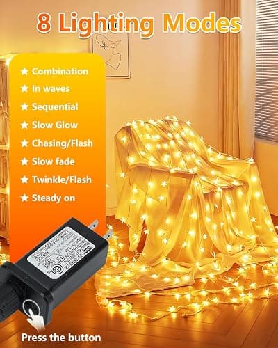 Twinkle Star 100 LED Star String Lights Plug in 33FT, Warm White | Plug In, Waterproof, Indoor Outdoor Use, Bedroom Wedding Party Ramadan Christmas Decor thumbnail 2