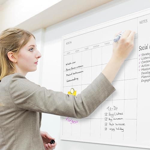 VUSIGN Magnetic Dry Erase Calendar White Board for Wall, 30"x20" Calendar Whiteboard, White Wood Style Frame, Includes 2 Magnets and 5 Markers thumbnail 2