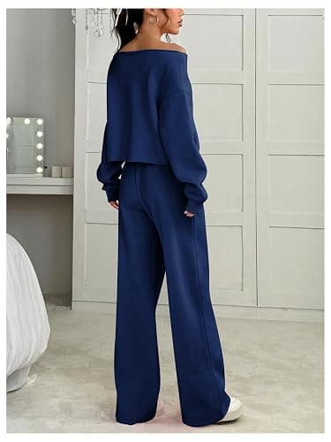 SOLY HUX Women's 2 Piece Outfits Fall Sweatsuits Off The Shoulder Crop Top Wide Leg Sweatpants Casual Matching Lounge Sets thumbnail 2