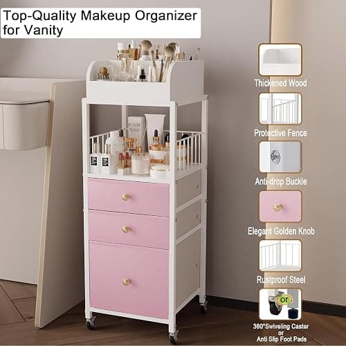 Makeup Organizer Storage Cart with Drawers Rolling Makeup Cart with Wheels | Girls Makeup Drawers Make up Organizer Makeup Storage Cabinet Bathroom Cart for Cosmetics Nail Polish Art Supply thumbnail 5
