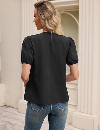 Rapbin Womens Puff Short Sleeve Babydoll Tops Summer Peplum Pleated Cotton T Shirts Casual Loose Fit Flowy Blouses thumbnail 6