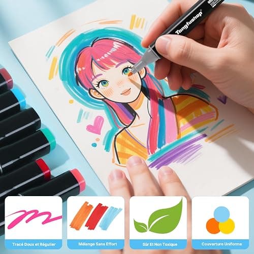 Tongfushop 80+2 Couleurs Feutre a Alcool Set, Feutres Coloriage Adulte, 2S Séchage Rapide Marqueur Alcool avec Pochette de Transport et Espaceur pour Peinture, Griffonnages, Animation thumbnail 7