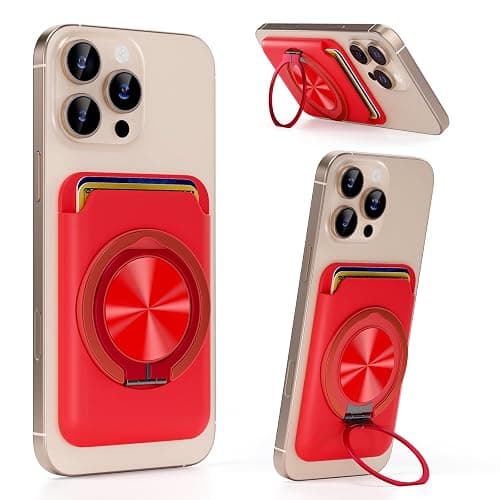 BOXDXB Magnetic Phone Card Holder, with 360° Rotatable Ring Holder Kickstand, Strong Magnetic Phone Wallet Stand Compatible with iPhone 17/16/15/14/13/12 Series for Women, Men, Red - Image 1