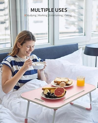 FISYOD Foldable Laptop Table, Portable Lap Desk Bed Table Tray, Laptop Stand with Cup Holder & Tablet Slot & Lifting Handle for Working Writing Drawing & Eating (Light Pink) thumbnail 3