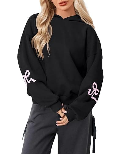 OLAPTA Women Oversized Bow Trim Print Hoodies Long Sleeve Fleeced Casual Graphic Pullover Trendy Fall Hooded Sweatshirts Top - Image 1