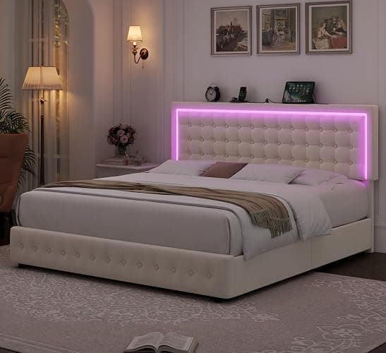 HIFIT Upholstered Full Size LED Bed Frame with Charging Station and 4 Large Storage Drawer, Velvet Button Tufted Full Platform Bed with Adjustable Headboard, No Box Spring Needed, Easy Assembly, Beige - Full thumbnail 9