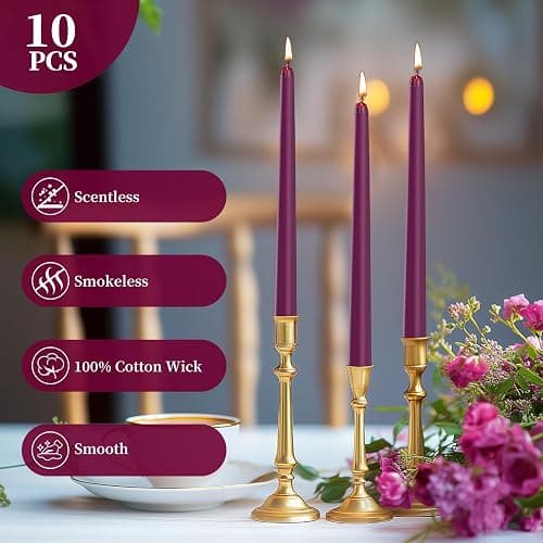 KONNI 0.87×10 Inch Purple Taper Candles, Unscented and Smokeless Tall Candlesticks, 10 Pack Tapered Candles with Cotton Wicks, Long Burning, Ideal for Weddings, Dinner Parties, and Home Décor thumbnail 2