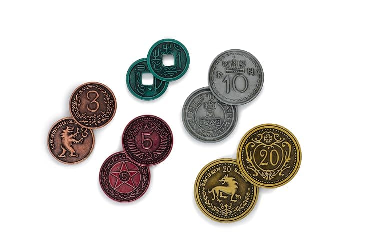 Stonemaier Games: Metal Coins (Scythe and Expeditions) | Metal Coins to Enhance Your Gameplay | 80 Coins with Unique Colors and Sides for Each Denomination - Values Include 1, 3, 5,10, and 20 thumbnail 3