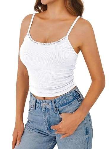 GKBK Womens Lace Tank Top Scoop Neck Ribbed Camisole Tops Adjustable Spaghetti Straps Sleeveless Summer Basic Cami Shirt thumbnail 2