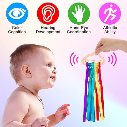 Baby Sensory Wooden Rattle Toys - 2PCS Rainbow Ribbon Rattles Ring Toy for Babies 0-6 Months, Wood Baby Montessori Toys with Bells for 0-12 Months Newborns Infants Toddlers Boy Girl as Shower Gifts thumbnail 5