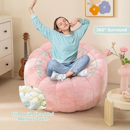IEVENW Pumpkin Bean Bag Sofa Chair, Bean Bag Chair with Filler for Teens, Kids, Toddler, Comfy and Lazy Sofa for Dorm, Apartment, Living Room and Bedroom, Pink thumbnail 5