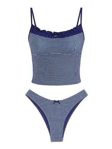 seamoly Women’s Cute Tankini Set Gingham Two Piece Swimsuits with Bow Back Tie Side Bottom - Image 1