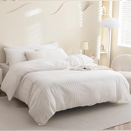 JELLYMONI Duvet Cover Full Size White - 3PCS Boho Striped Duvet Cover Set Polyester Tufted Bohemian Textured Comforter Cover 80×90in with Corner Ties & Zipper and 2 Pillowcases thumbnail 2