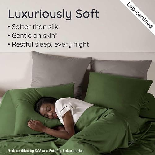 Bambaw 100% Viscose Derived from Bamboo Sheets Queen Size Set – 4pcs Cooling Sheet Set, Super Soft Sheets Queen Size, Luxury Bedding, Deep Pocket Fits Up to 16'' Mattresses (Olive) thumbnail 5