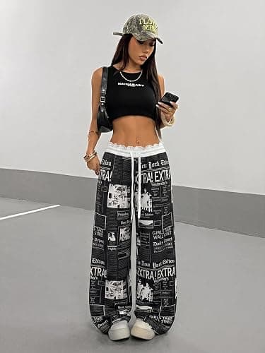 SOLY HUX Women's Camo Wide Leg Baggy Sweatpants Y2K Trousers | Elastic Waist,Drawstring,Loose Pants,Trendy Y2K Pants thumbnail 4