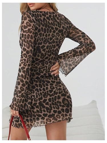 Milumia Women's Leopard Print Mini Dress Y2k Bell Long Sleeve Cheetah Short Dresses Going Out Fall 2025 thumbnail 2