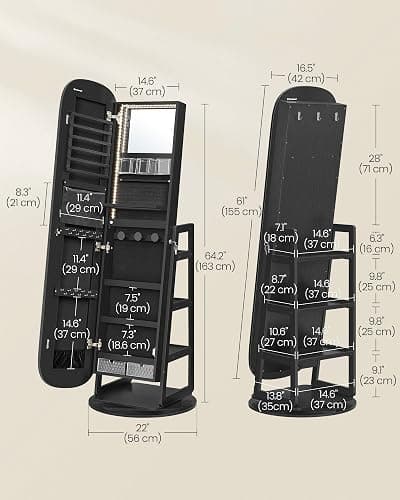 SONGMICS LED Jewelry Cabinet, 360° Swivel Jewelry Organizer, Lockable Mirror Jewelry Cabinet Standing, Rounded Wide Full-Length Mirror with Storage Shelves, Interior Mirror, Ebony Black UJJC036B01 thumbnail 2