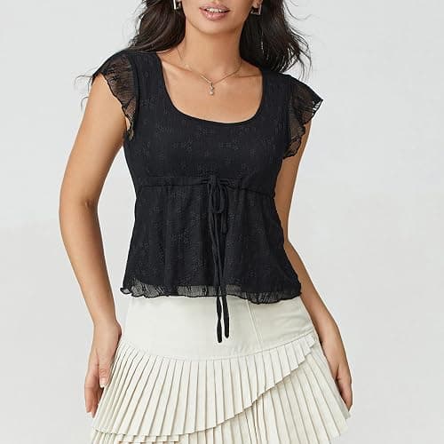 Women Square Neck Peplum Top Y2k Cap Sleeve Layered Ruffle Trim Printed Top Lace Up Slim Fit Solid Color Shirt thumbnail 5