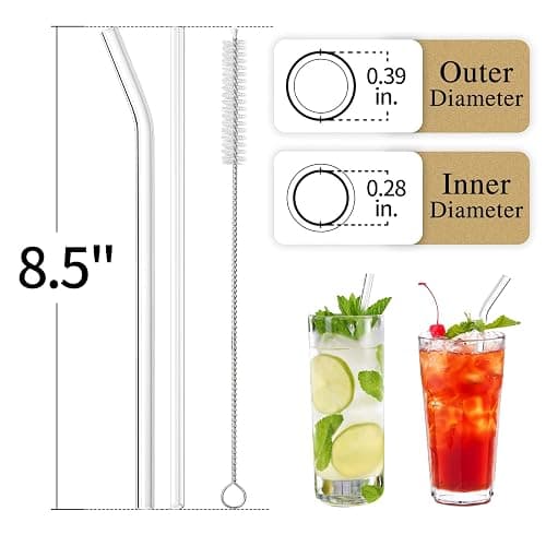 Piteno® 16-Pack Reusable Glass Straws Set, Clear Glass Drinking Straws, 8.5''x10MM, Set of 6 Straight and 6 Bent with 4 Cleaning Brushes, Perfect for Smoothies, Milkshakes, Juice, Tea thumbnail 3