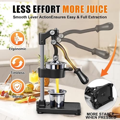 Manual Cast Iron Citrus Juicer,Commercial Hand Press,Heavy Duty Countertop Squeezer for Fresh Orange Lemon Juice,Stable When Pressed,Easy to Use & Clean (black) thumbnail 4