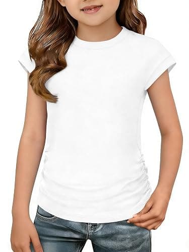 ZDC Girls Ruched Tops 2026 Kids Trendy Cap Sleeve Tshirts Crew Neck Shirts - Image 1